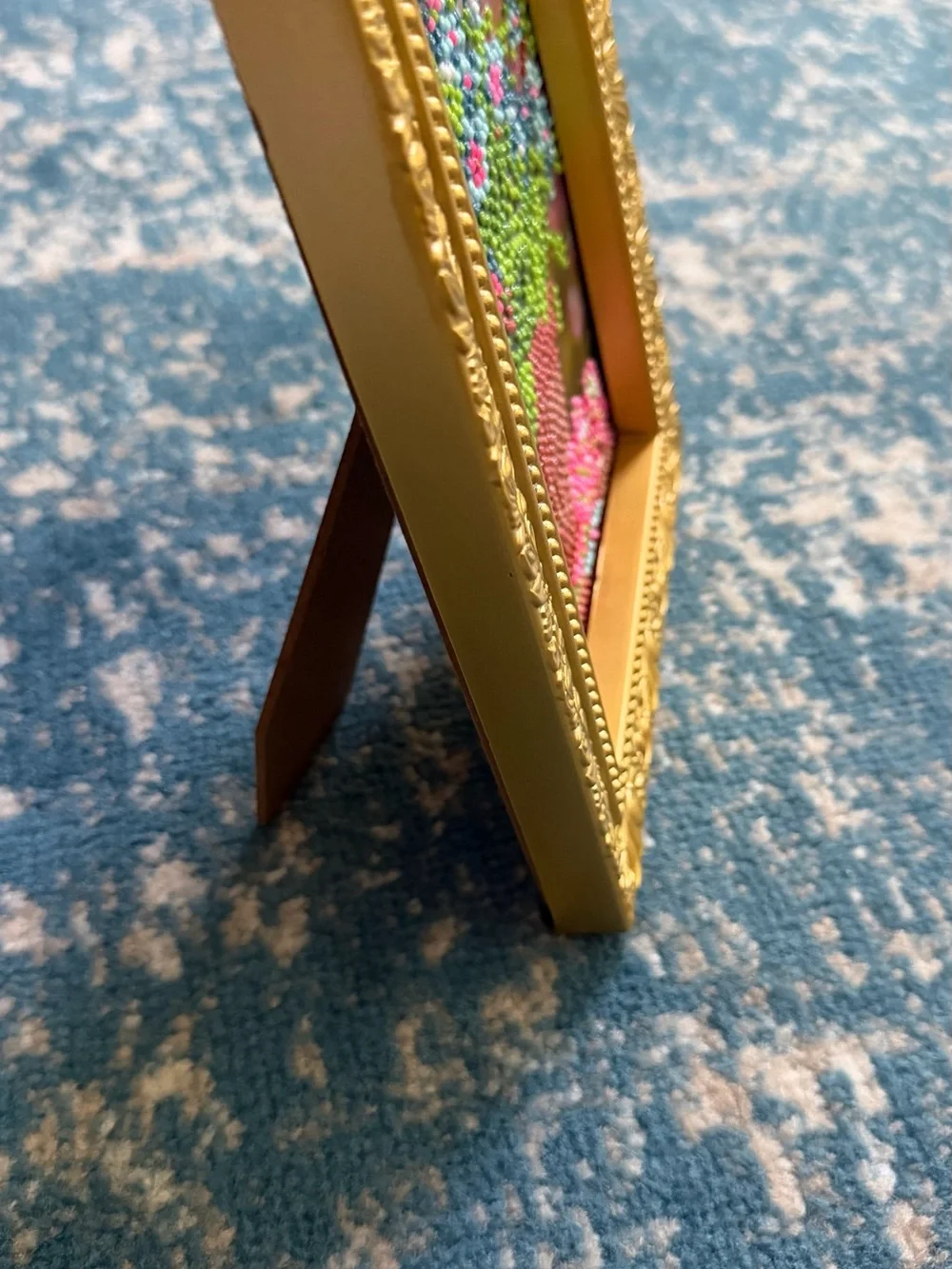 Beaded Flower Pot Art in Gold Frame - Blue, Pink & Green